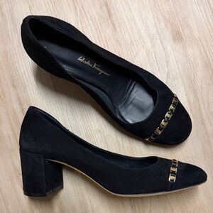 Salvatore Ferragamo Black Heels with Gold Chain Accent